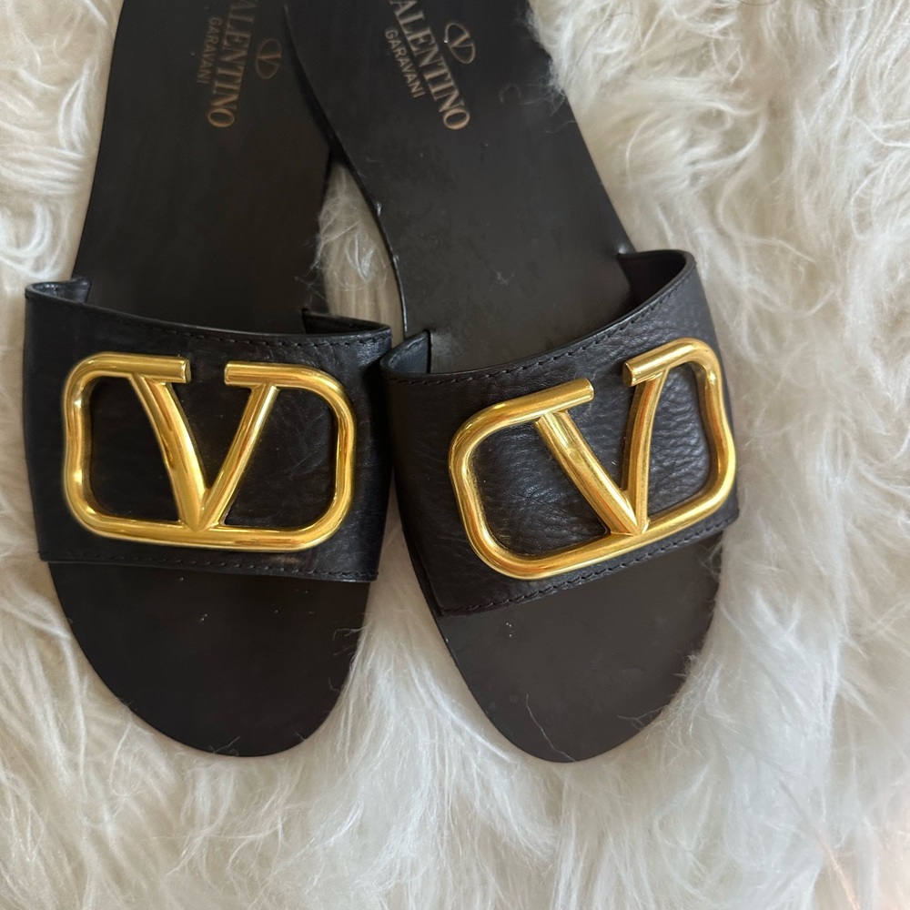 Valentino Black Sandals with Gold Emblem
